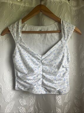 Hollister White Tank with Baby Blue Floral Ruched Front